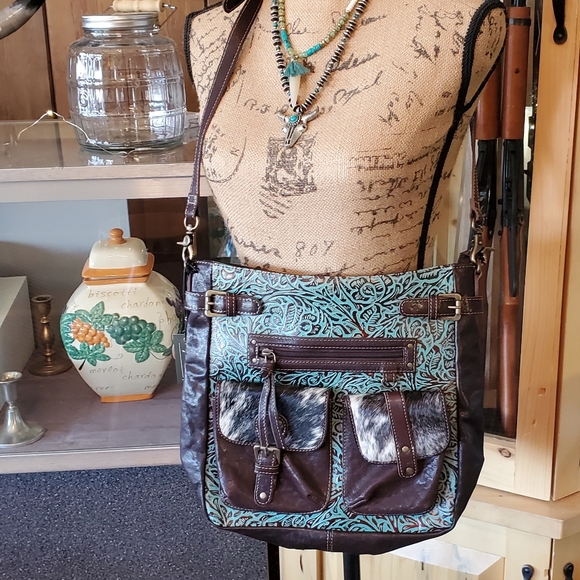Myra Bag Handtooled Leather Turquoise Zapata Crossbody Shoulder Bag - Picture 3 of 4